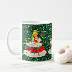 Victorian Christmas Girl Writing Green FauxGlitter Coffee Mug