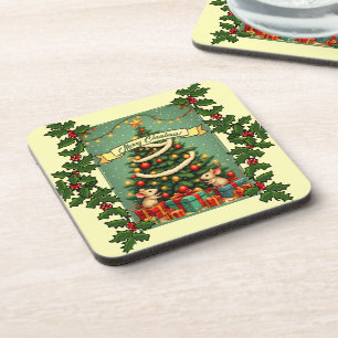 Victorian Christmas Happy Mice Red Green Holly Coaster