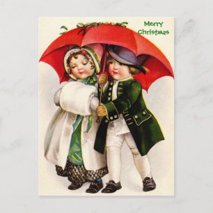 Victorian Christmas Image Children & Umbrella Holiday Postcard