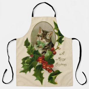 Victorian Christmas Kitten in Holly Antique Tabby Apron