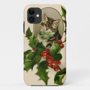 Victorian Christmas Kitten in Holly Antique Tabby iPhone 11 Case