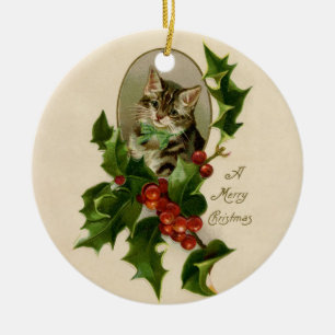 Victorian Christmas Kitten in Holly Antique Tabby Ceramic Ornament