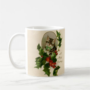 Victorian Christmas Kitten in Holly Antique Tabby Coffee Mug