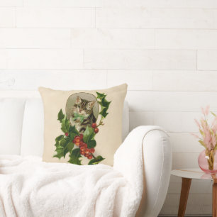 Victorian Christmas Kitten in Holly Antique Tabby Cushion