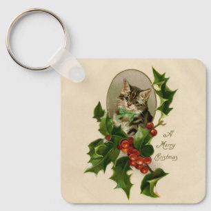 Victorian Christmas Kitten in Holly Antique Tabby Key Ring