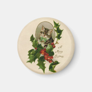 Victorian Christmas Kitten in Holly Antique Tabby Magnet