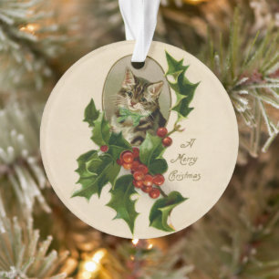 Victorian Christmas Kitten in Holly Antique Tabby Ornament