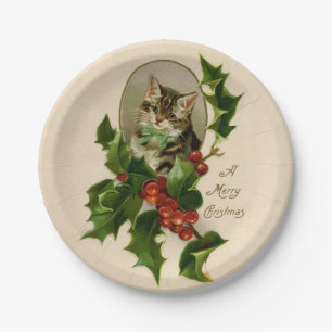 Victorian Christmas Kitten in Holly Antique Tabby Paper Plate