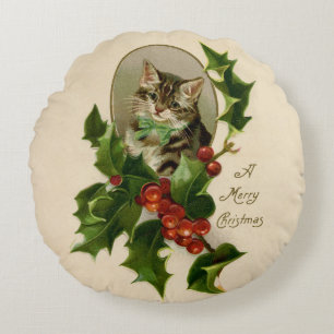 Victorian Christmas Kitten in Holly Antique Tabby Round Cushion