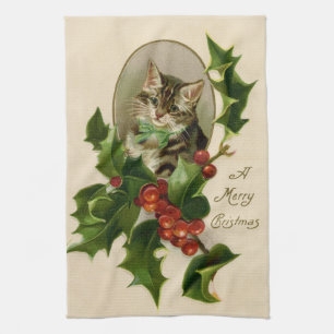 Victorian Christmas Kitten in Holly Antique Tabby Tea Towel