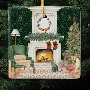 Victorian Christmas Living Room Scene Ceramic Ornament