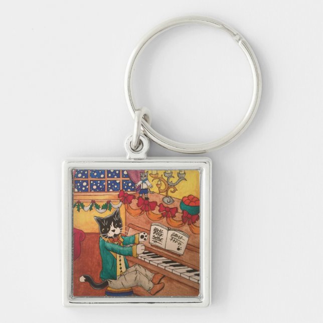 Victorian Christmas Piano Cat Key Ring (Front)
