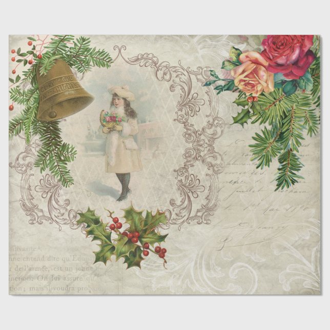 Victorian Christmas Rose, Pine & Holly Collage Wrapping Paper (Flat)