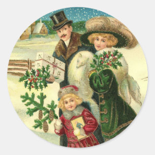 Victorian Christmas Scene In The Snow Classic Round Sticker