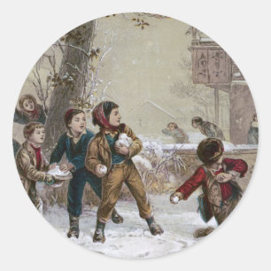 Victorian Christmas Snowball Fight Classic Round Sticker