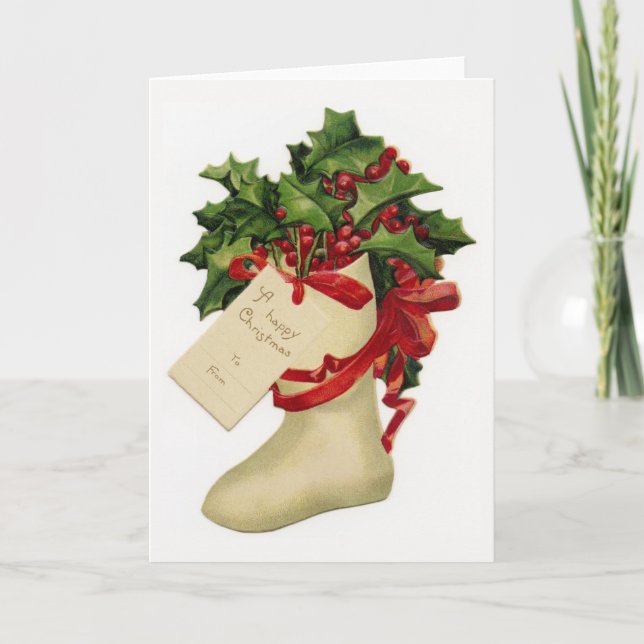 Victorian Christmas Stocking and Holly Holiday Card (Front)