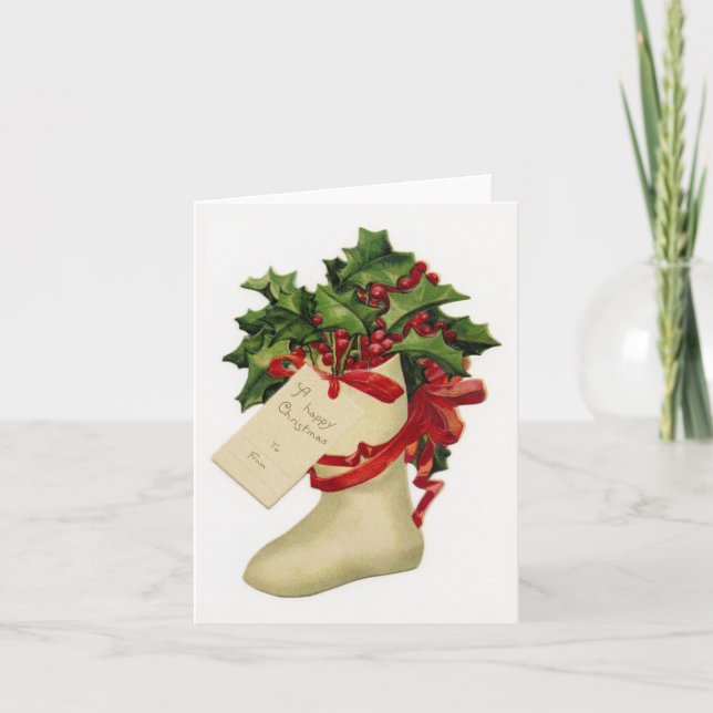 Victorian Christmas Stocking and Holly Note Card (Front)