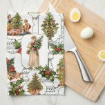 Victorian Christmas Trees, Holly & Music Tea Towel<br><div class="desc">Bright and colourful vintage-style collage featuring scenes of Victorian children,  Santas and angels with decorated Christmas trees in assorted green-bordered labels on a background of Christmas music embellished by holly on white background.</div>