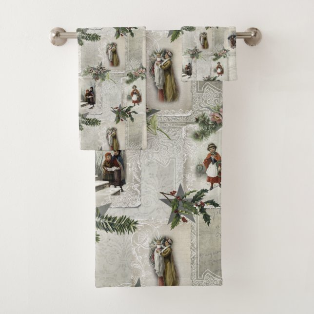 Victorian Christmas Vignettes w/Winter Greenery Bath Towel Set (Insitu)