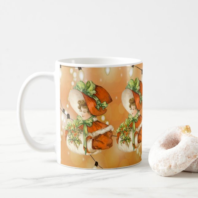 Victorian ChristmasLady Orange Background w/Lights Coffee Mug (With Donut)