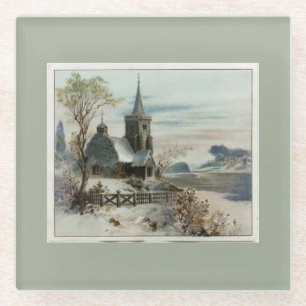 Victorian Country Church Christmas Glass Coaster
