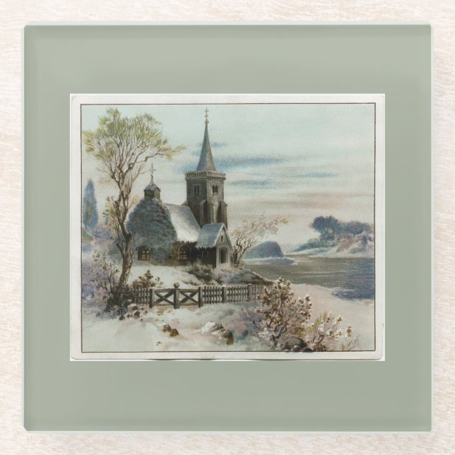 Victorian Country Church Christmas Glass Coaster (Front)