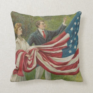 Victorian Couple Raising US Flag Memorial Day Cushion