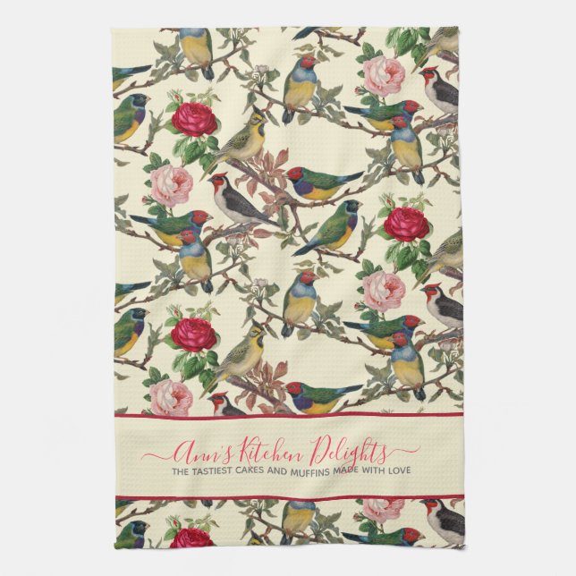 Victorian Cream Chinoiserie Birds Roses Tea Towel (Vertical)