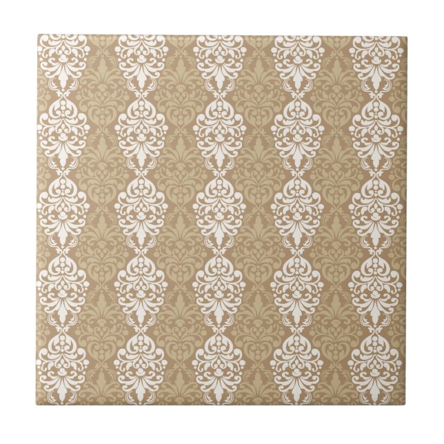Victorian Cream Gold Vintage Damask Lace Pattern Tile (Front)