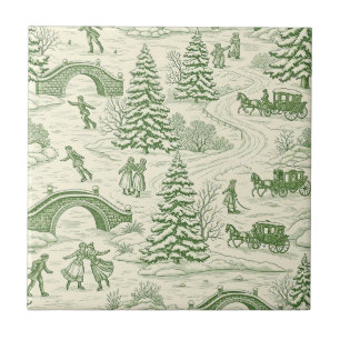 Victorian Cream Green Winter Toile Pattern Ceramic Tile