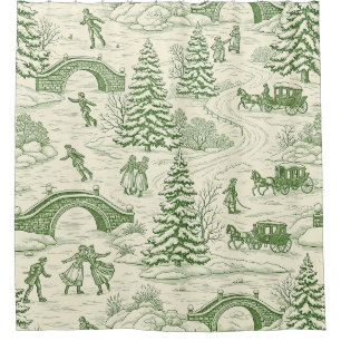 Victorian Cream Green Winter Toile Pattern Shower Curtain
