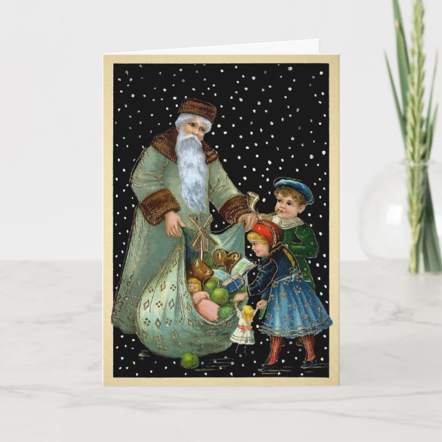 Victorian Creepy Santa Snowing Holiday Card (Front)