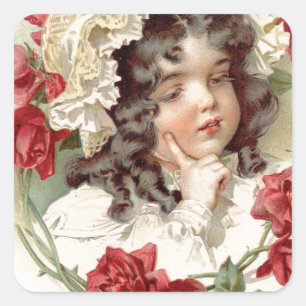 Victorian cutie with red roses square sticker