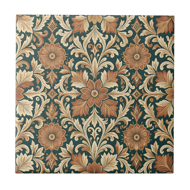 Victorian Damask Floral Pattern with Copper Bronze Ceramic Tile (Front)