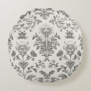 Victorian Damask Floral White Vintage Round Cushion