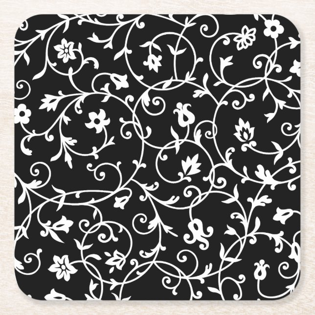 Victorian Damask Pattern, Black and White, Square Paper Coaster (Front)