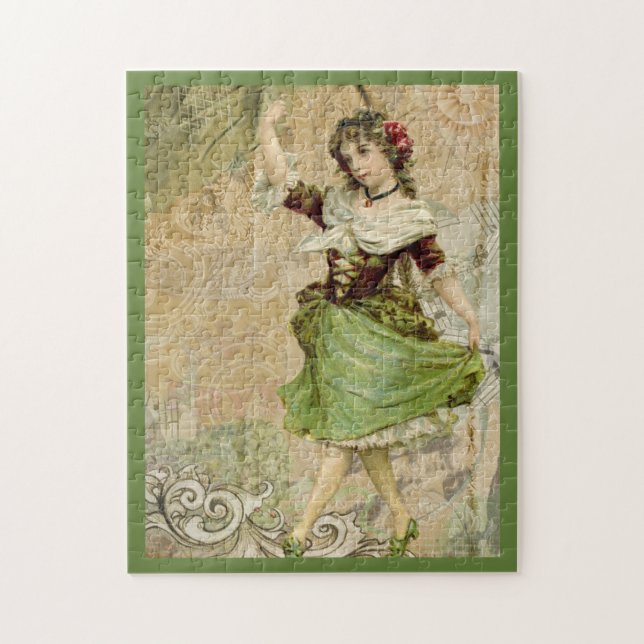 Victorian Dancing Girl Green Red Rose Jigsaw Puzzle (Vertical)