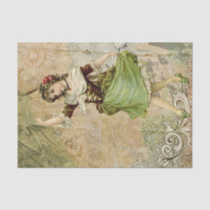 Victorian Dancing Girl Green Red Rose Tissue Paper