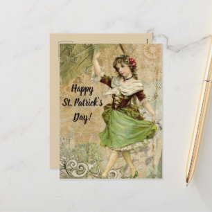 Victorian Dancing Girl in Green St. Patrick's Day Holiday Postcard