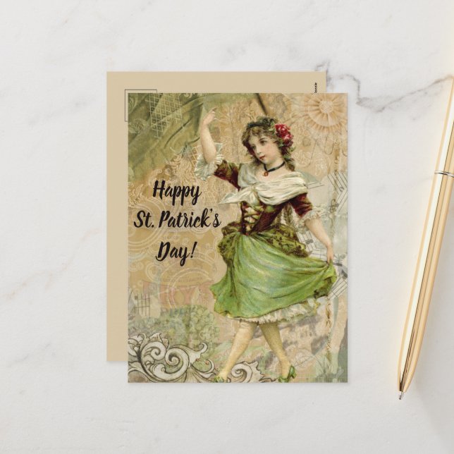 Victorian Dancing Girl in Green St. Patrick's Day Holiday Postcard (Front/Back In Situ)