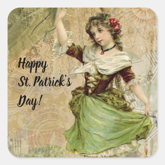 Victorian Dancing Girl in Green St. Patrick's Day Square Sticker (Front)