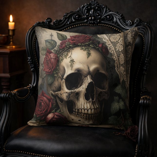 Victorian Dark Academia Gothic Skull with Roses Cushion (Victorian Dark Academia Gothic Skull with Roses Throw Pillow)