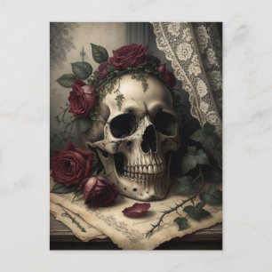 Victorian Dark Academia Gothic Skull with Roses Postcard