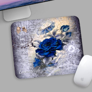 Victorian Dark Blue Rose Ephemera Monogram Mouse Pad