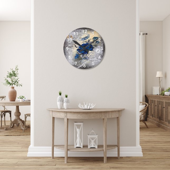 Victorian Dark Blue Rose Ephemera Round Clock (Creator Uploaded)