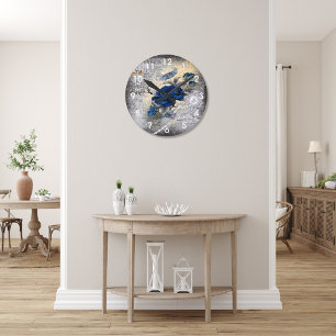 Victorian Dark Blue Rose Ephemera Round Clock