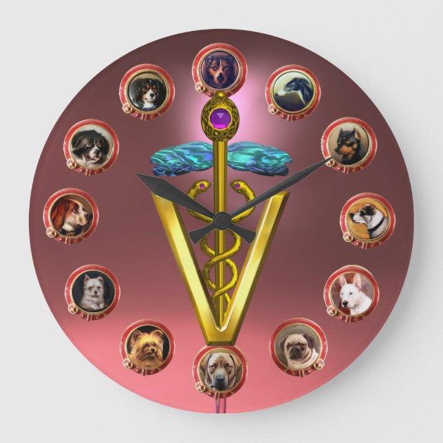 VICTORIAN DOG PORTRAITS CADUCEUS VETERINARY SYMBOL LARGE CLOCK (Front)