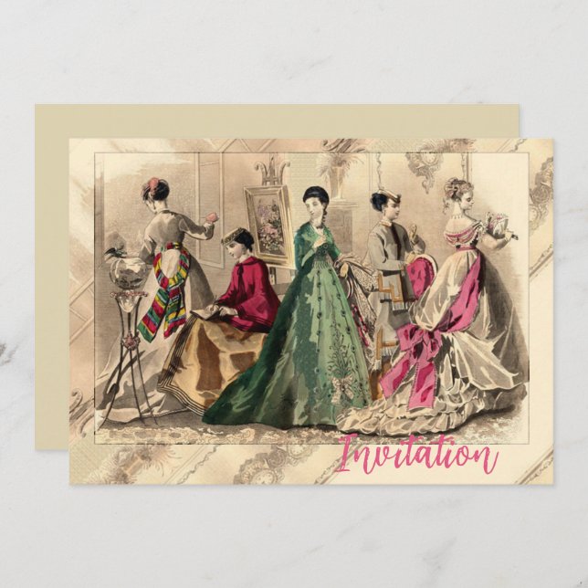 Victorian Dress With Pink Bow Invitation (Front/Back)