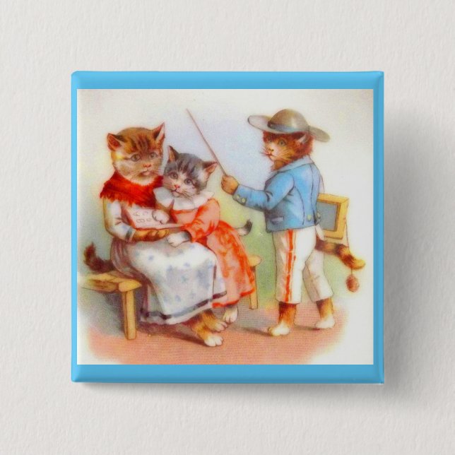 Victorian dressed kitty cats 15 cm square badge (Front)