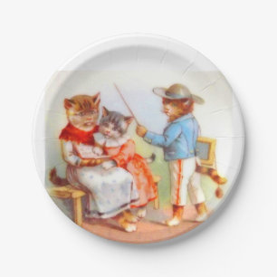 Victorian dressed kitty cats family paper plate
